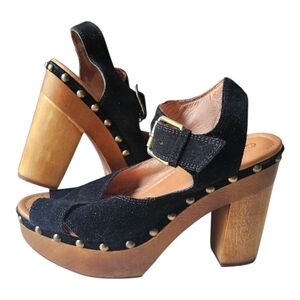 Black Suede Platform Sandals with Wood Block Heel